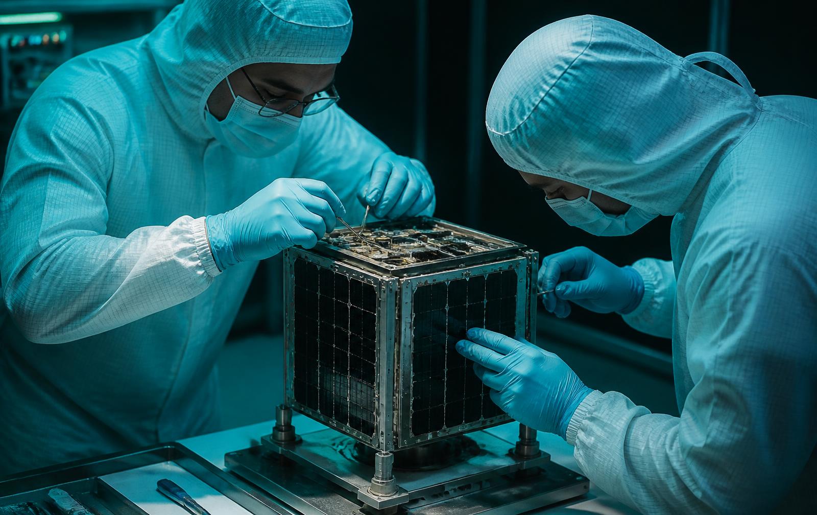 Engineers assembling a cube satellite in a clean room
