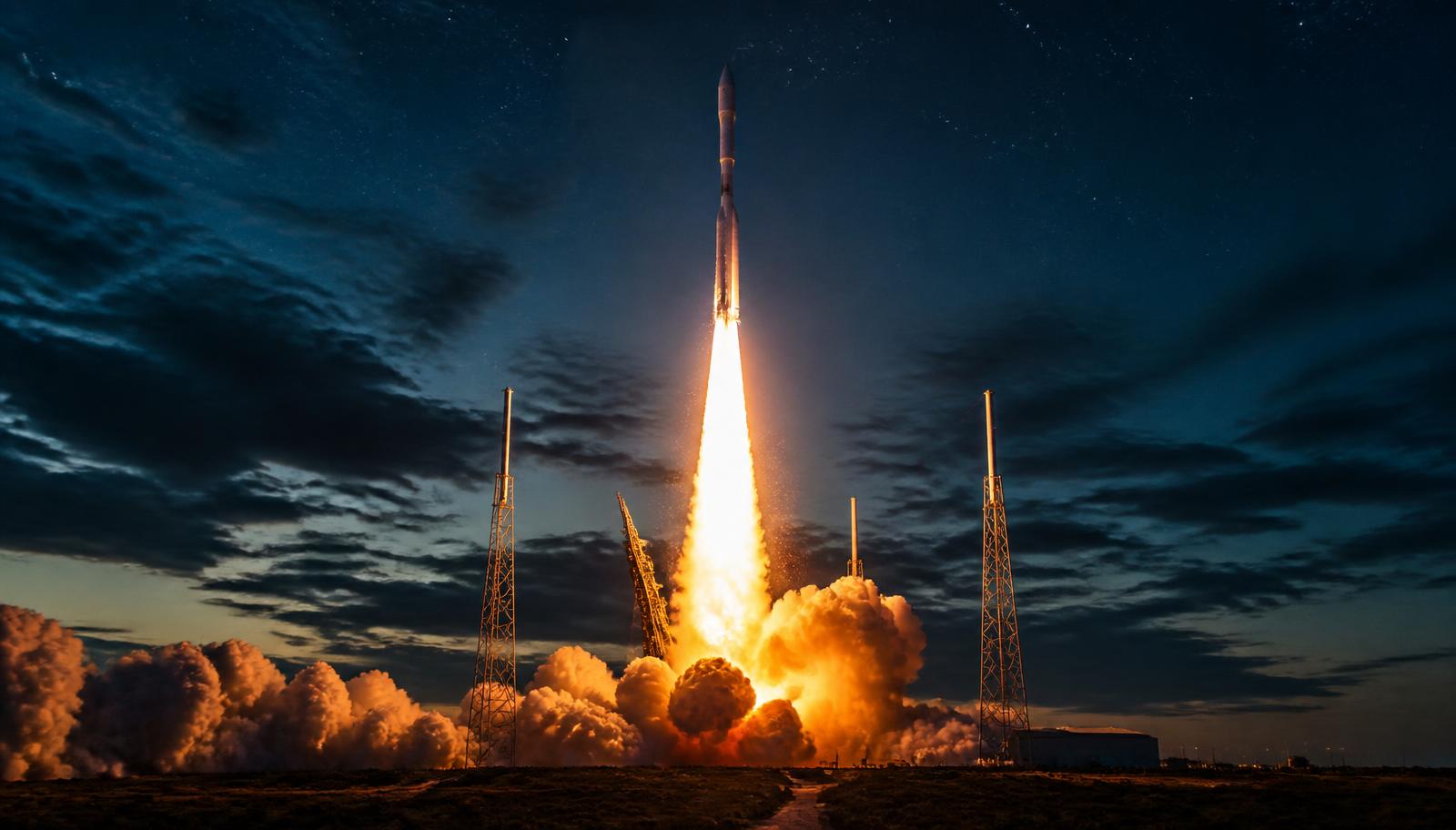 Rocket launch at twilight