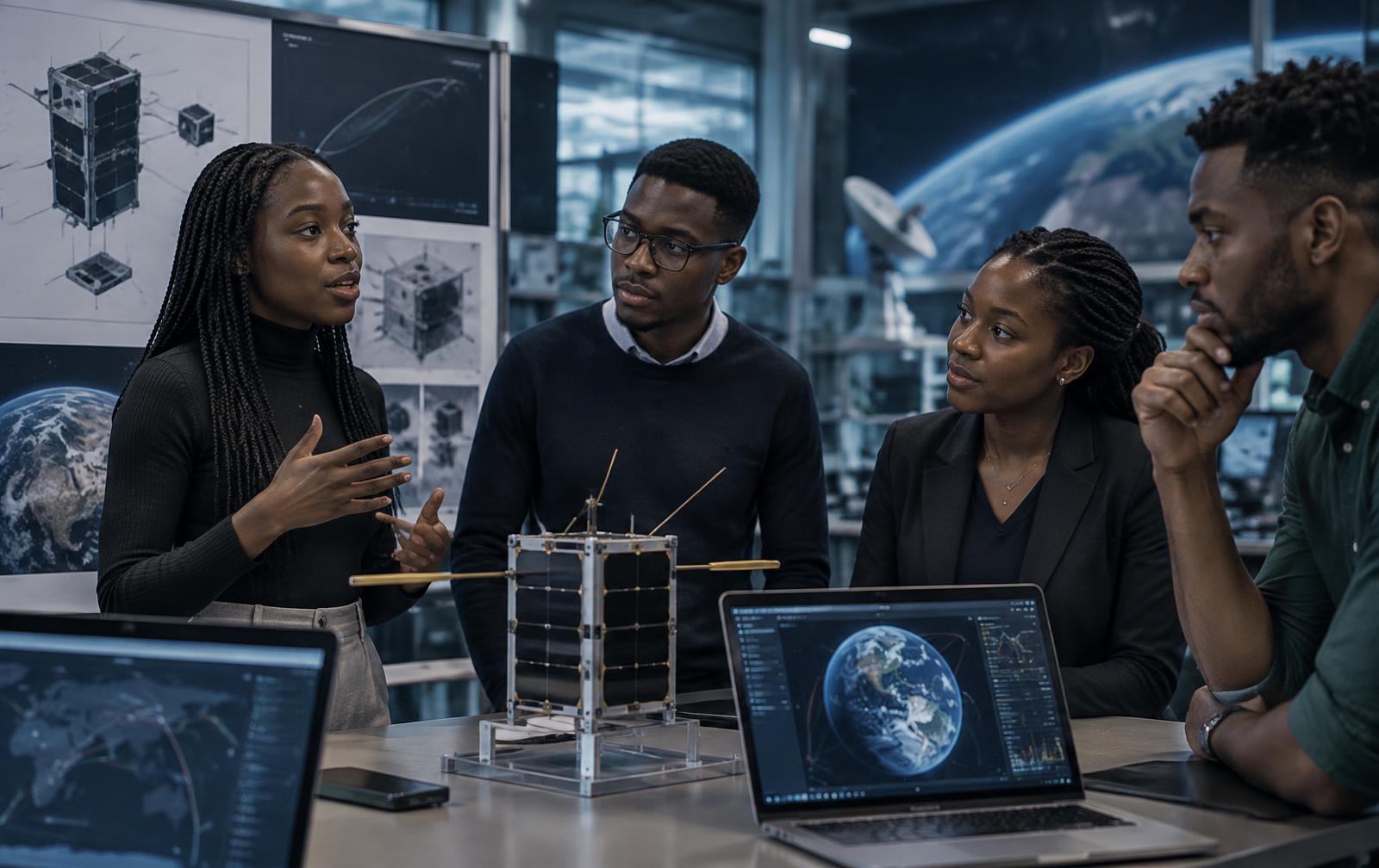 Young South African researchers presenting a CubeSat satellite project